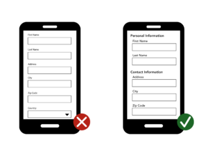 This image compares and contrasts the view of a content form on a mobile device. It demonstrates both the correct an incorrect use.