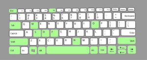 Vector keyboard image with highlighted keys that display key commands for navigation and selected tasks.