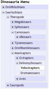 This is an image of an example of the use of WAI-ARIA coding. It uses a dropdown menu and selction wth the content info of dinosaur classifications.