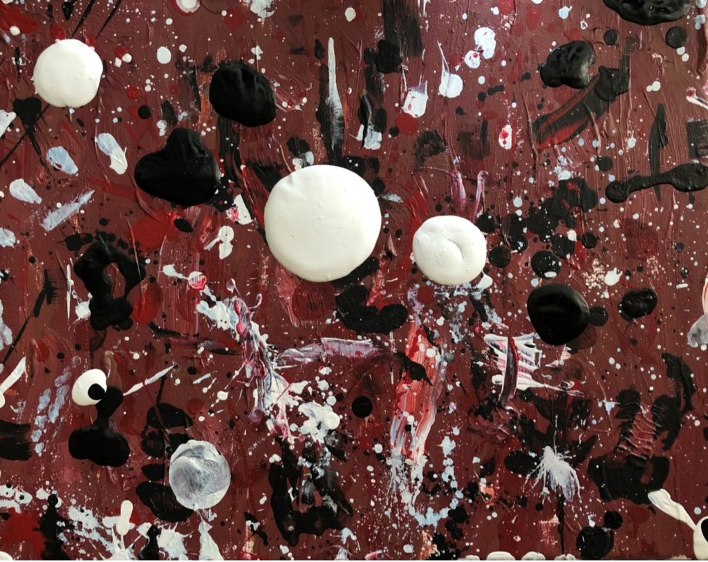 burgundy background with dots and lines in white and black and gray