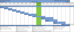 This is a chart that shows an overview of the 16 weeks of a semester in a Sociology college course. Each week is in its' own column and the lessons for each week are drawn across the weeks to indicate what lessons occur in which weeks.