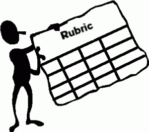 Cartoon character holding piece of paper with rubric written at the topi