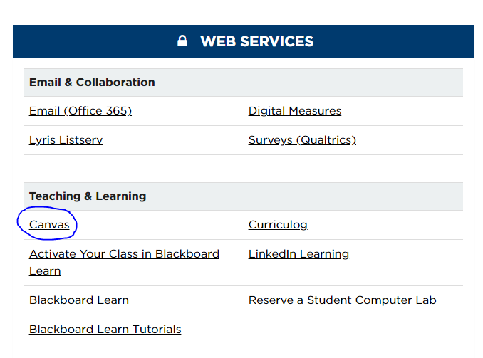 Screenshot showing the Canvas link on faculty and Staff hub page.