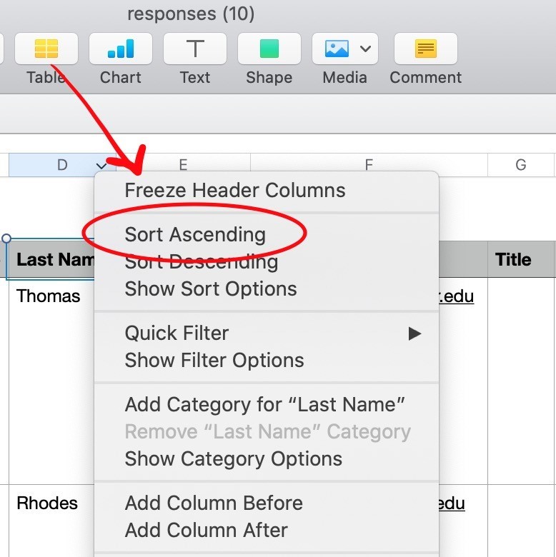 Screen shot of sorting a spreadsheet column